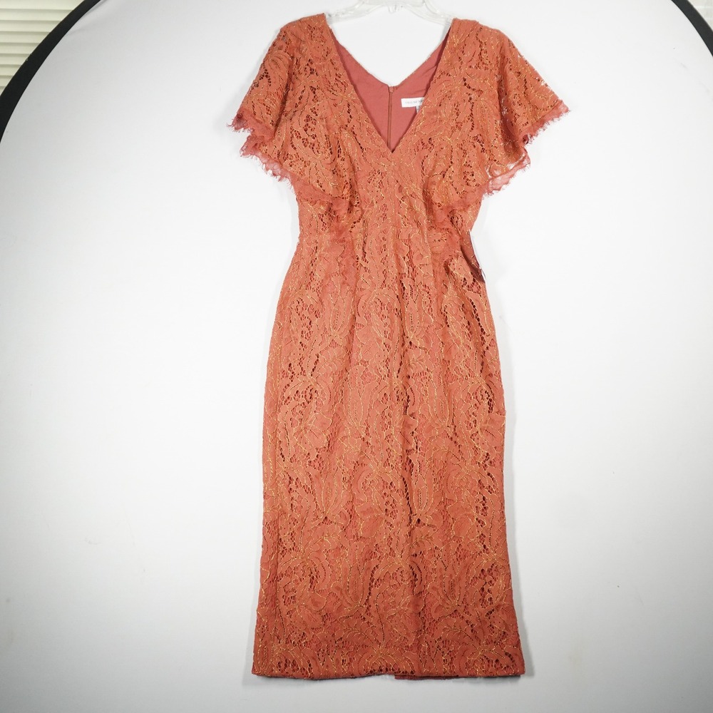 Dress The Population Lace Midi Dress Womens S Terracotta Gold Metallic Cocktail